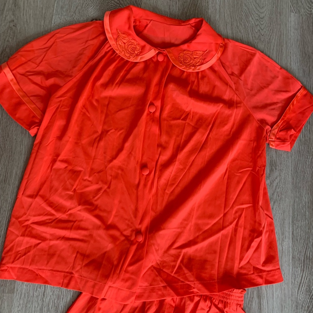 Vintage Gossard Artemis Vibrant Orange Nylon PJ Set Peter Pan Collar